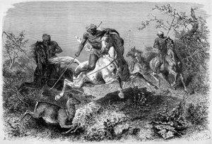 Illustration veröffentlicht in der Ausgabe von „Le Tour du monde“ von 1870 - 1871, die einen Dyak bei der Jagd auf der Insel Borneo zeigt. Gravur