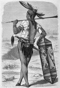 Illustration veröffentlicht in der Ausgabe von „Le Tour du monde“ von 1870 - 1871, die einen Dayak (Eingeborenen) auf der Insel Borneo zeigt. Gravur