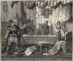 Im Jahr 978 betrat Lothar, König der Franken, den Palast von Otto II. des Heiligen Römischen Reiches und seiner Frau Theophano in Aachen, aber die kaiserliche Familie konnte ihn gefangen nehmen. Illustration in... von French School