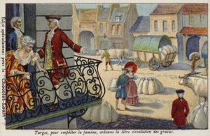 Um Hungersnot zu verhindern, ordnet Anne-Robert-Jacques Turgot die kostenlose Verteilung von Getreide an, Frankreich, um 1770