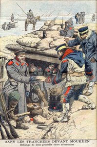 In den Schützengräben vor Mukden, Russisch-Japanischer Krieg. Japanische und russische Truppen tauschen Essen und Trinken aus. Illustration für Le Petit Journal, 22. Januar 1905 von French School
