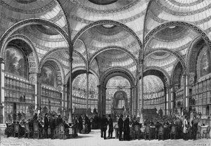 Einweihung des neuen Lesesaals der Kaiserlichen Bibliothek von Paris am 13. Juni 1868, erbaut von Architekt Pierre Francois Henri Labrouste (1801-1875). Gravur in „Le Monde Illustré“ Nr. 585 vom 27. Juni 1868. von French School