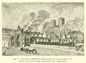 Brand des Hôtel-Dieu in der Nacht vom 29. auf den 30. Dezember 1772, nach einer zeitgenössischen Zeichnung im Besitz von M. A. Bonnardot von French School