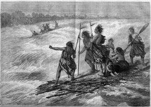 Indianer Kanadas, die auf zusammengebundenen Baumzweigen stehen und die Long Sault Rapids am Sankt-Lorenz-Strom hinunterfahren