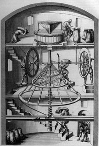 Innenansicht einer Mühle aus dem 16. Jahrhundert; Gravur von Androue du Cerceau in „Le Magasin picturesque“ von French School