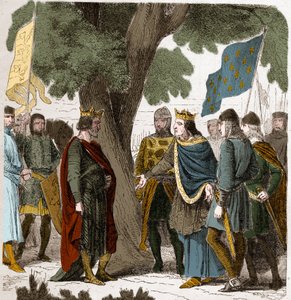 Interview von Gisors in der Oberen Normandie zwischen König Philippe Auguste und König Heinrich II. Plantagenet von England (1133-1189) im Jahr 1188. von French School