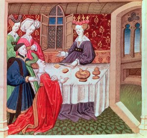 Isolde bittet Königin Guinevere um Schutz, Roman du Chevalier Tristan