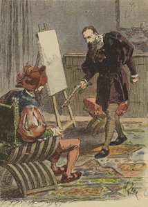 Der italienische Maler Tintoretto nähert sich Pietro Aretino, bewaffnet mit einer Pistole, um seine Maße für sein Porträt zu nehmen