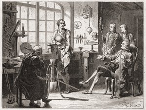James Watt (Erfinder der Dampfmaschine im Jahr 1769) in seiner Werkstatt in Glasgow - im „Album der Wissenschaft; berühmte Wissenschaftler; Große Entdeckungen“ 1896