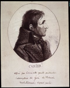 Jean Baptiste Carrier (1756-1794), gezeichnet von Gouneville während des Verhörs der Projures des Revolutionstribunals von French School