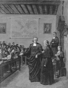 Jean Baptiste De La Salle (Jean-Baptiste) 1651-1719 französischer Geistlicher, Gründer der Kongregation der Brüder der christlichen Schulen, zeigt M. de La Chetardie eine seiner Schulen. Gravur aus dem späten 19. Jahrhundert. von French School