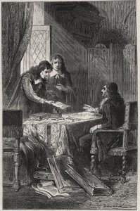 Jean Chapelain (1595-1674) französischer Dichter und Literaturkritiker und Pierre Costar (1603-1660) übergaben Jean Baptiste Colbert (1619-1683) eine Liste von Schriftstellern, die vom König Pensionen erhalten sollten - Gravur in „Les Hommes Celebres de la
