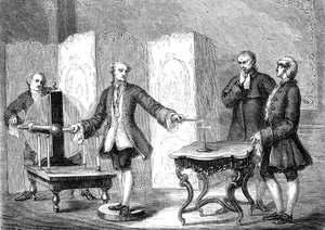 Jean JALLABERT (1712-1768), Schweizer Physiker, entdeckt Elektrizität an scharfen Objekten (Kraft der Spitze von FRANKLIN). Gravur 1867