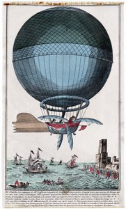 Jean Pierre Blanchard (1753 - 1809) und John Jefferies (1745 - 1819) kommen nach der Überquerung des Ärmelkanals in einem Heißluftballon am 7. Januar in Calais an von French School
