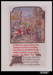 Johann von Gent wird von den Bürgern von Bayonne an den Stadttoren empfangen, aus Froissarts Chronik, spätes 15. Jahrhundert von French School