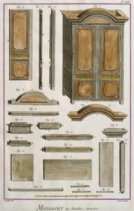 Tischler, ein Schrank, Illustration aus der Encyclopedie des Sciences et Metiers von Denis Diderot, graviert von Robert Benard, veröffentlicht um 1770 (Farbstich)