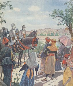 Reise von Kaiser Wilhelm II. (1859-1941) nach Palästina. Die Ankunft in Jerusalem, aus einer Zeitung, 2. November 1898