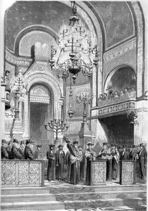 Judentum: feierliche Aufnahme des Großrabbiners von Paris, Zadoc Kahn (1839-1905), in der Synagoge der Rue Notre Dame de Nazareth am 13. Januar 1869. Der Großrabbiner intoniert das „Gebet für den Kaiser“. Gravur in „Le Monde Illustré“ Nr. 615 vom 23. Janua