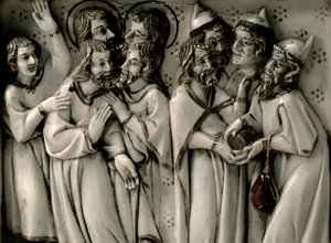 Judas erhält dreißig Silberlinge, Detail des Elfenbeindiptychons, französisch von French School