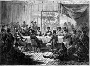 Kabar (Treffen) französischer Offiziere und madagassischer Häuptlinge, die Königin Ranavalo Manjaka I (Ranavalona) vertreten. Madagaskar von French School