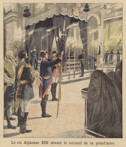 König Alfons XIII. von Spanien vor dem Sarg seiner Großmutter, Königin Isabella II. von French School