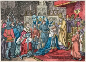 König Karl VII. (1403-1461) erhält die Krone in der Kathedrale von Reims am 17.07.1429 in Anwesenheit von Jeanne d