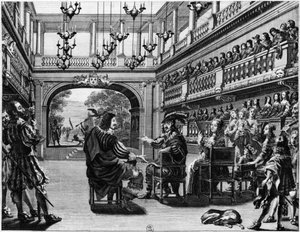 König Ludwig XIII. (1601-43) und Königin Anna von Österreich (1601-66) bei der Aufführung von Mirame im Palais Cardinal, Paris, 1641 von French School