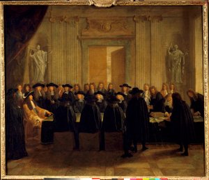 König Ludwig XIV. hält die Siegel in Anwesenheit der Staatsräte und des Meisters der Anfragen, während er selbst das Amt des Kanzlers von Frankreich zwischen Februar und April 1672 innehatte (anonymes Gemälde)