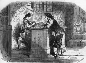 König Ludwig XI. bestellt für seine Geliebte ein prächtiges Schmuckstück, Gravur in „Die Geschichte der Prostitution und Ausschweifung“ von Dr. Th. -F. Debray von French School