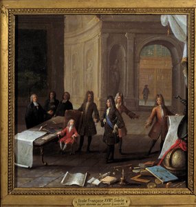 König Ludwig XV. (1710-1774) als Kind, der eine Lektion in Anwesenheit von Kardinal Fleury und Regent Philipp II. Herzog von Orléans (1674-1723) erhält (Detail)