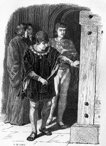 König von Frankreich Ludwig XI. besucht die Käfige der Bastille. Gravur in „Notre Dame de Paris“ von Victor Hugo von French School