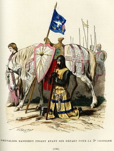 Bannerträger (Adelstitel, der das Recht verleiht, ein Banner zu tragen), betet vor seiner Abreise zum zweiten Kreuzzug (1147-1149). Farbstich, in „Frankreich und die Franzosen durch die Jahrhunderte“ von Augustin Challamel, F. Roy Herausgeber, Paris 1882. von French School