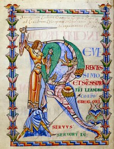 Ritter kämpft gegen den Drachen - Initiale R. Miniatur aus dem Manuskript "Moralia in Job", Morales sur Job von Saint Gregoire, aus der Abtei Citeaux von French School