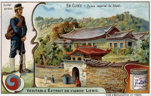 Korea: Kaiserpalast in Seoul und Soldatenkostüm - Chromolithografie Liébig, ca. 1900 von French School