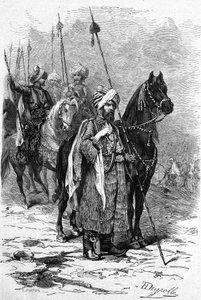 Kurdische Soldaten im Jahr 1877 während des Ostkrieges (1875-1878) auch genannt der Türkisch-Russische Krieg. Gravur in „Le Monde Illustré“ Nr. 1055 vom 30. Juni von French School