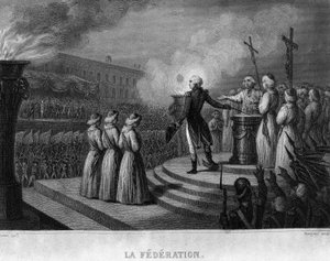 La Fédération (14. Juli 1790), Jahrestag der Erstürmung der Bastille: Eid auf die Verfassung - in „Revolution française“ von Thiers. 19. Jahrhundert