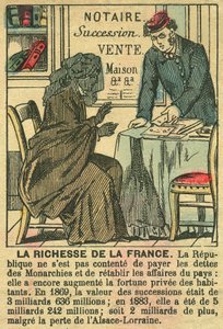 La Riche de la France, Darstellung der Vorteile der Dritten Republik für die persönliche Bereicherung der Franzosen. Stich, in „Le Figaro, Beilage“, am 30.03.1889, Paris.