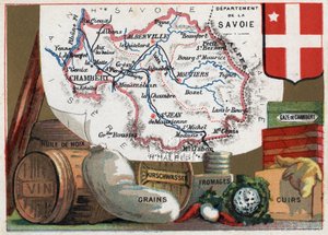 La Savoie (73), Rhone Alpes (Rhone-Alpes), Frankreich. Serie über die französischen Departements. Lokale Spezialität: Walnussöl, Wein, Getreide, Kirschwasser (Kirsch), Käse, Chambéry-Gaze und Leder. Chromolithographie „der geografische Faden“, um 1920. Pri