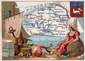 La Seine Inferieure, jetzt Seine Maritime (76), Haute-Normandie, Frankreich. Lokale Spezialitäten: Baumwolle, Cidre, Räucherhering. Porträt von Pierre Corneille (1606-1684), französischer Dramatiker. Serie über die französischen Departements. Chromolithogr