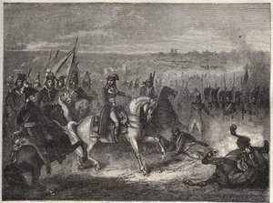 Die Schlacht von Lonato - Napoleon bei Lonato - Auch genannt die zweite Schlacht von Castiglione: In seinem Italienfeldzug besiegt Napoleon die Österreicher unter Wurmser und zwingt sie zum Rückzug nach Mantua. 3. August 1796 - Neue Nationale Enzyklopädie  von French School