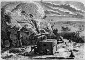 Der Absturz des Ballons „Le Géant“ in den Ebenen von Hannover im Jahr 1863 mit an Bord: Jules und Louis Godard, Felix Nadar, seine Frau, Fernand Montgolfier und Thirion. Die Aeronauten versuchen, Frau Nadar zu retten, die unter dem Korb gefangen ist. Gravu