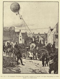 Die Aerostier-Kompanie überquert während eines Marsches eine Telegrafenlinie mit dem an ihrem Windenwagen befestigten Ballon von French School