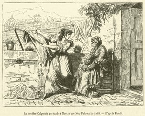Die Hexe Calpurnia überzeugt Nuccia, dass Meo Patacca sie verrät (Gravur) von French School