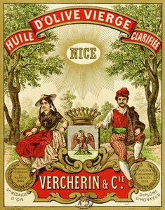 Etikett für Vercherin Extra Virgin Olivenöl, ca. 1885-90