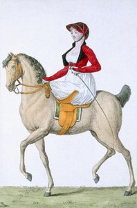 Dame im Damensattel reitend, aus Costumes Parisien, veröffentlicht im Journal des Dames et des Modes, 1798