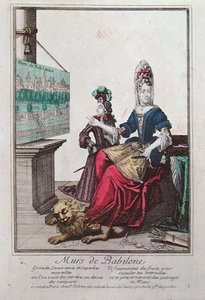 Dame zeigt ein Bild von Semiramis und den Hängenden Gärten von Babylon