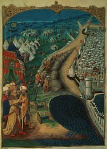 Der Hauptberater von Mohammed II., möglicherweise Miseh Paleologue, leitet die türkischen Operationen, um 1480, aus A History of the Siege of Rhodes, von Guillaume Caoursin, 1483