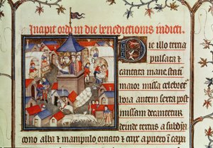Miniatur eines Bischofs, der die jährliche Messe oder den Markt segnet, der zwei Wochen im Juni auf den Ebenen von St. Denis abgehalten wird, aus einem Pontifikal, 1301-1400 von French School