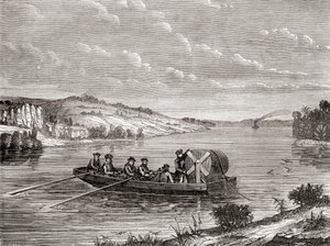 Verlegung eines Telegraphenkabels unter einem amerikanischen Fluss um 1860, aus Les Merveilles de la Science, veröffentlicht um 1870 (Stich) von French School