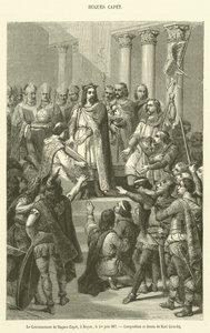 Die Krönung von Hugo Capet in Noyon, am 1. Juni 987 (Gravur) von French School